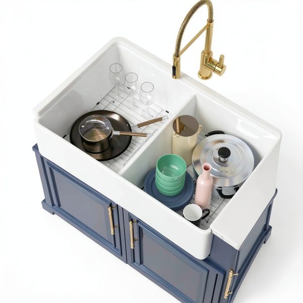 Kichae White Farmhouse Sink Ceramic Double Bowl Kitchen-5