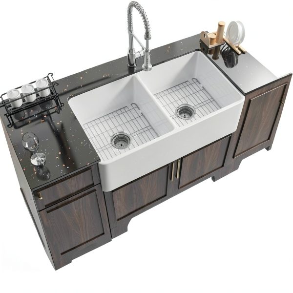 Miuara Fireclay Farmhouse Sink Double Bowl Glossy White-7