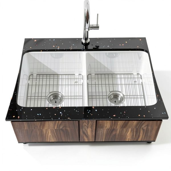 Miuara Fireclay Double Bowl Kitchen Sink Glossy White-1