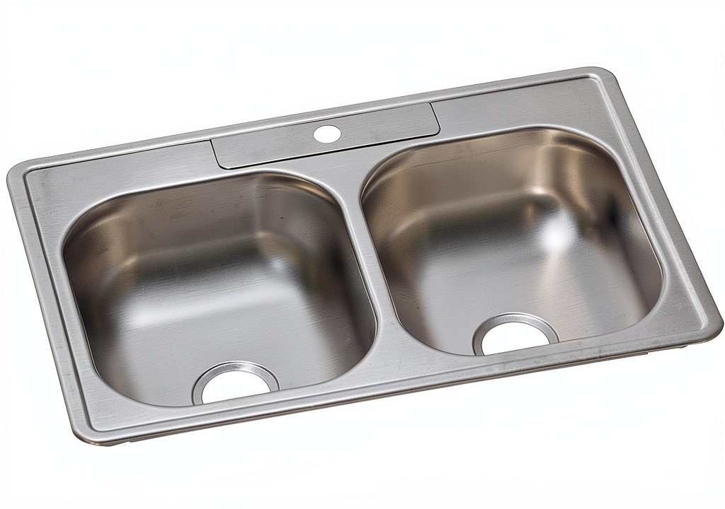 'Elkay Dayton stainless steel double bowl sink installed in a kitchen cabinet'