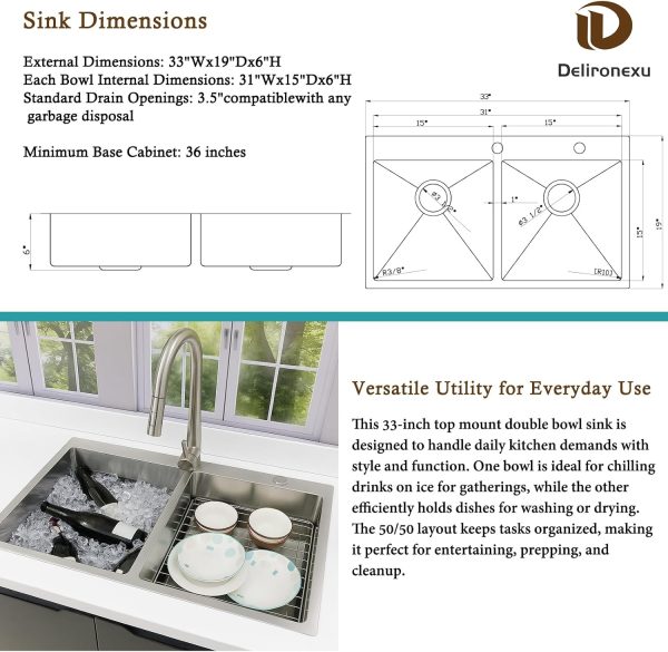 Delironexu Stainless Steel Double Bowl Kitchen Sink Modern-3