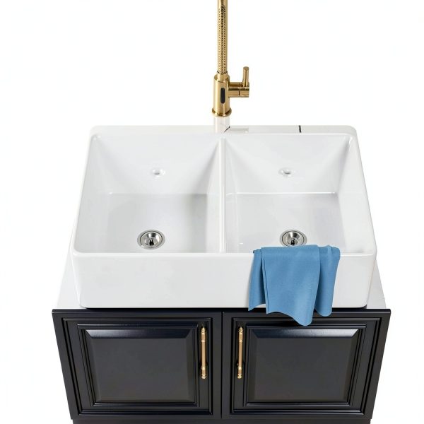 Kichae White Farmhouse Sink Ceramic Double Bowl Kitchen-2