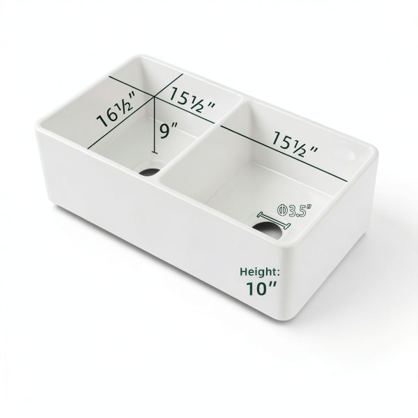 Miuara Fireclay Farmhouse Sink Double Bowl Glossy White-5