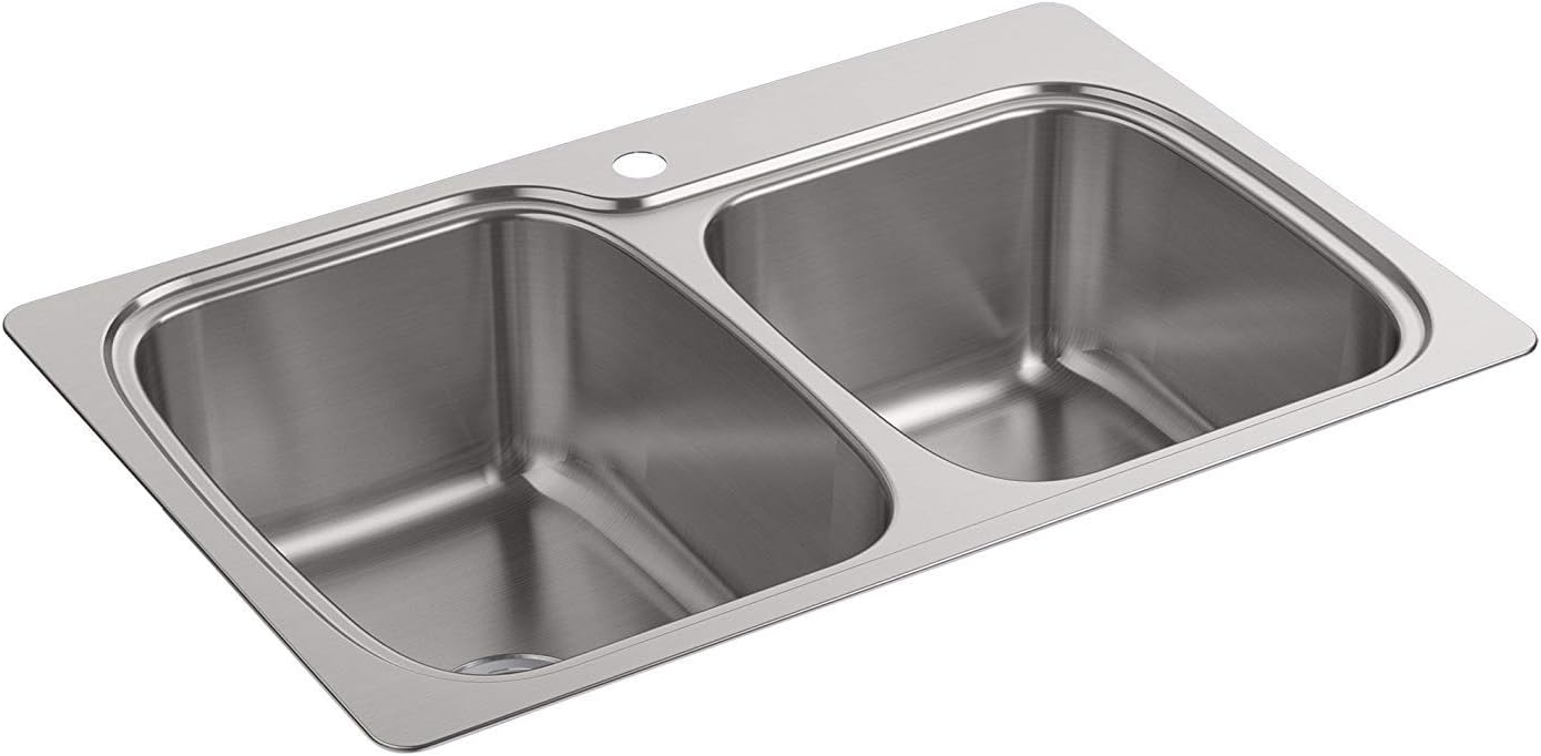 Kohler double bowl kitchen sink installed in a modern kitchen
