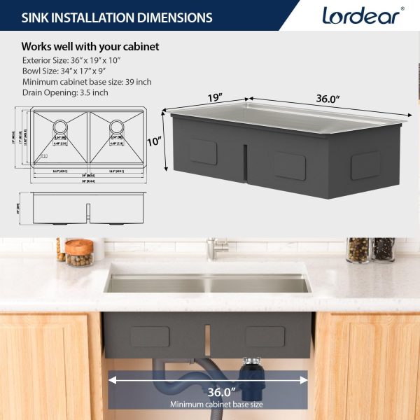 Lordear 36 Inch Undermount Kitchen Sink Stainless Steel-4