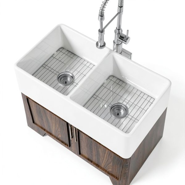 Miuara Fireclay Farmhouse Sink Double Bowl Glossy White-0