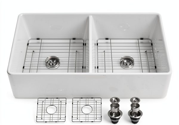 Kichae White Farmhouse Sink Ceramic Double Bowl Kitchen-1