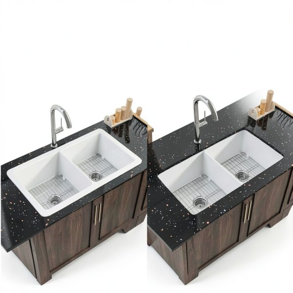 Miuara Fireclay Double Bowl Kitchen Sink Glossy White-3