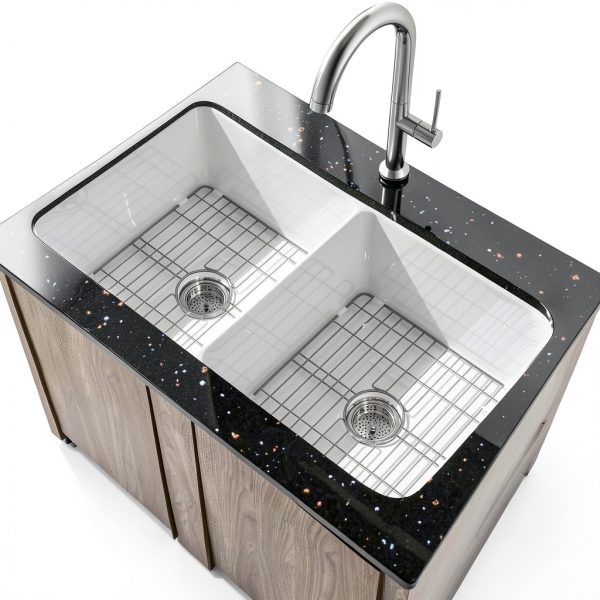 Miuara Fireclay Double Bowl Kitchen Sink Glossy White-0