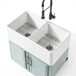 HOMLYLINK Fireclay Farmhouse Sink Double Bowl Pure White-0