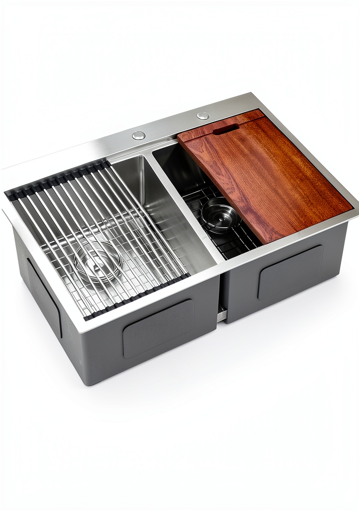 Mocoloo stainless steel double bowl sink installed in a kitchen countertop