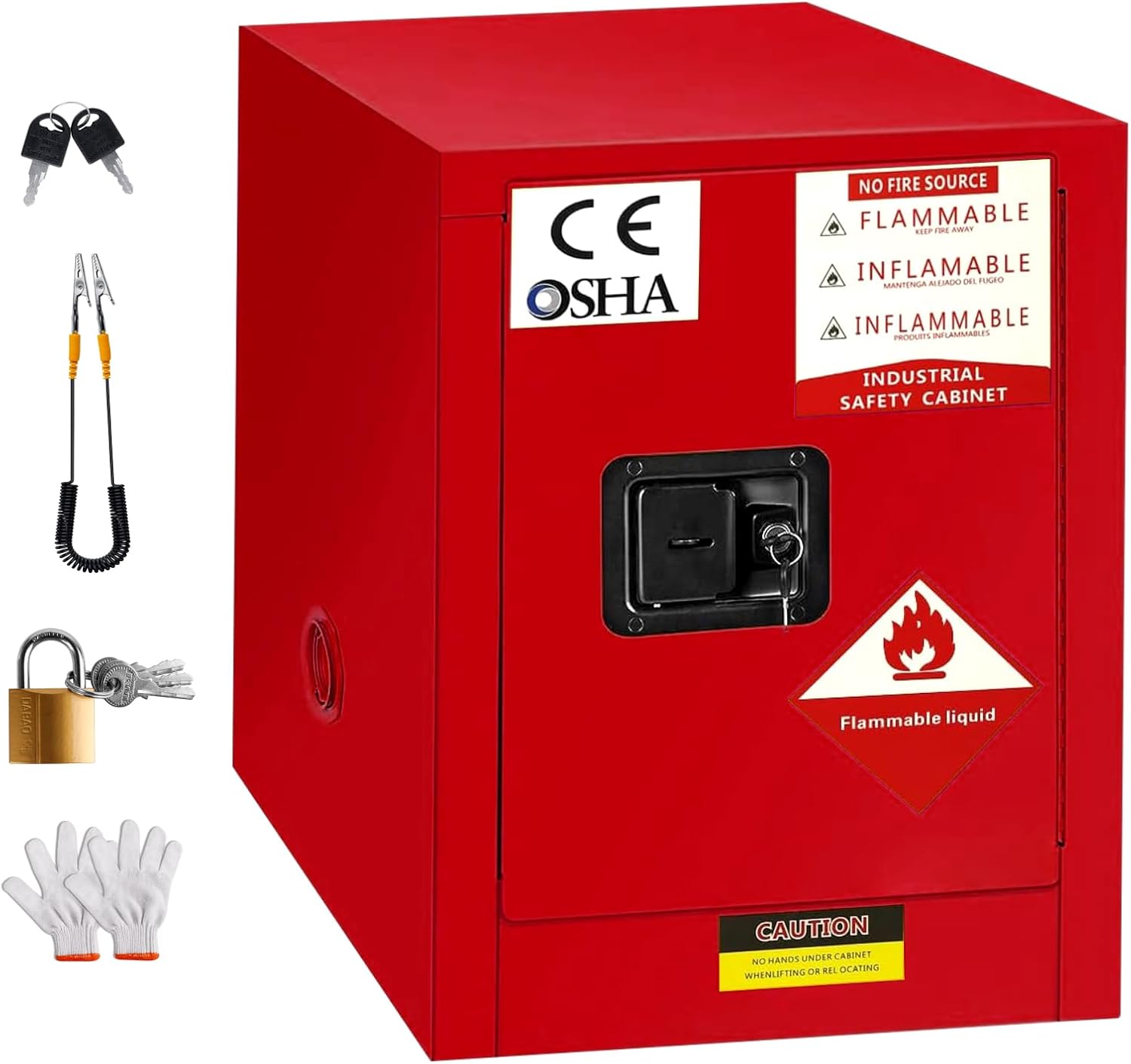 Flammable storage cabinet in a workshop setting
