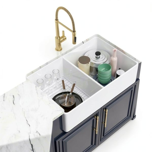 Kichae White Farmhouse Sink Ceramic Double Bowl Kitchen-7